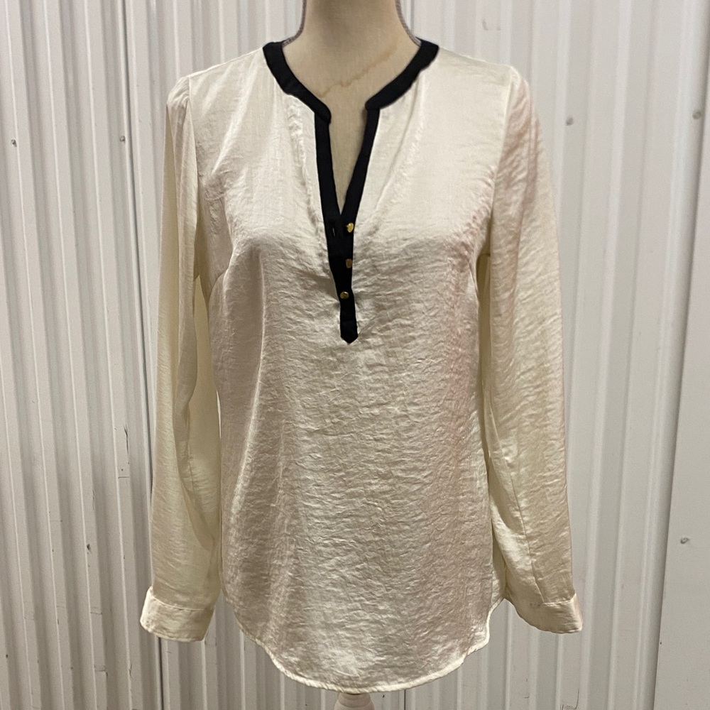 The Limited Cream Split-Neck Blouse with Black Trim